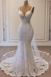White Mermaid Spaghetti Strap Lace Tulle Wedding-Dresses with Beaded-27dress